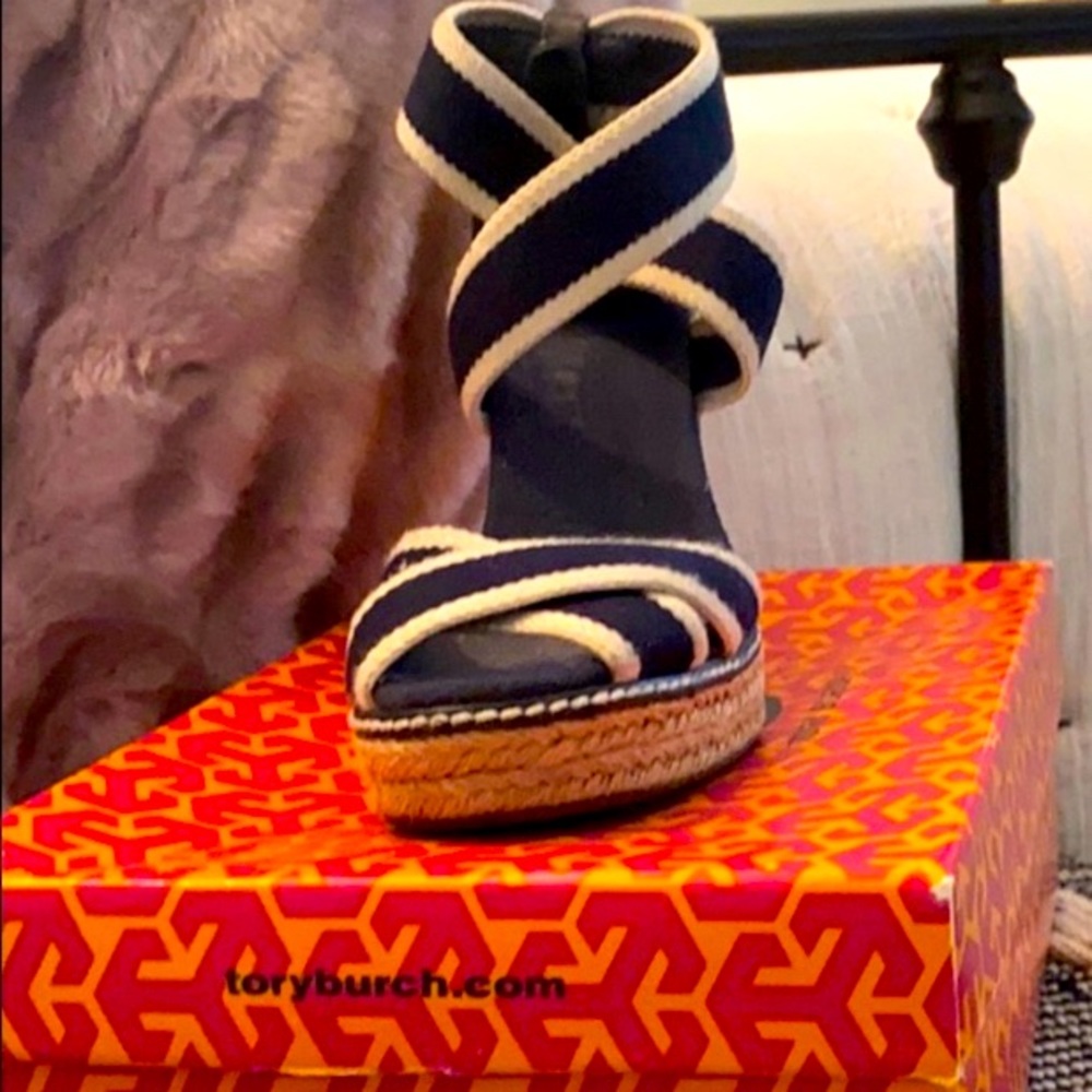 Tory Burch wedges with box. Navy and cream.